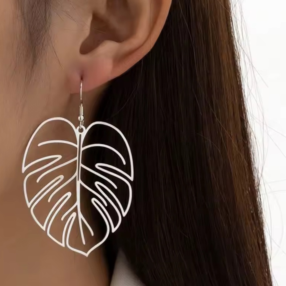 Elegant Stainless Steel Silver Leaf Dangle Earrings